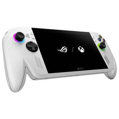 Eine weiße tragbare Spielkonsole mit einem Bildschirm, auf dem die Logos von ROG und Xbox zu sehen sind, mit mehrfarbigen Tasten und einem Analogstick auf jeder Seite.