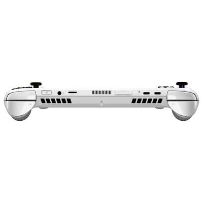 Eine tragbare Spielkonsole, die die Draufsicht zeigt, mit verschiedenen Anschlüssen und Tasten im Fokus, die Design- und Konnektivitätsmerkmale betonen.