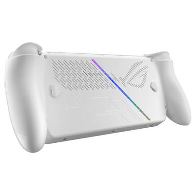 Das Bild zeigt die Rückseite eines weißen Gaming-Controllers mit strukturierten Griffflächen und einer bunten diagonalen Linie auf der Oberfläche.