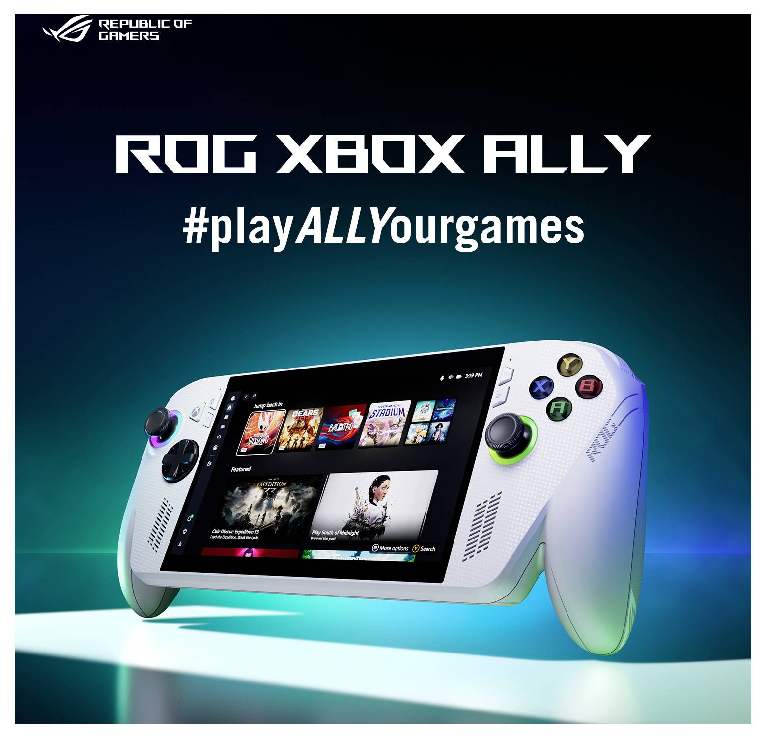 Ein tragbares Spielgerät mit einem Bildschirm, auf dem Spieloptionen angezeigt werden, beschriftet mit 'ROG XBOX ALLY', mit dem Hashtag 'playALLYourgames'.
