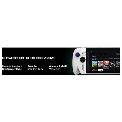 Gaming-Gerät-Controller mit Xbox-inspiriertem Design und Bildschirm, der eine Spieloberfläche anzeigt. Der Text hebt die flexible Windows-Integration hervor.