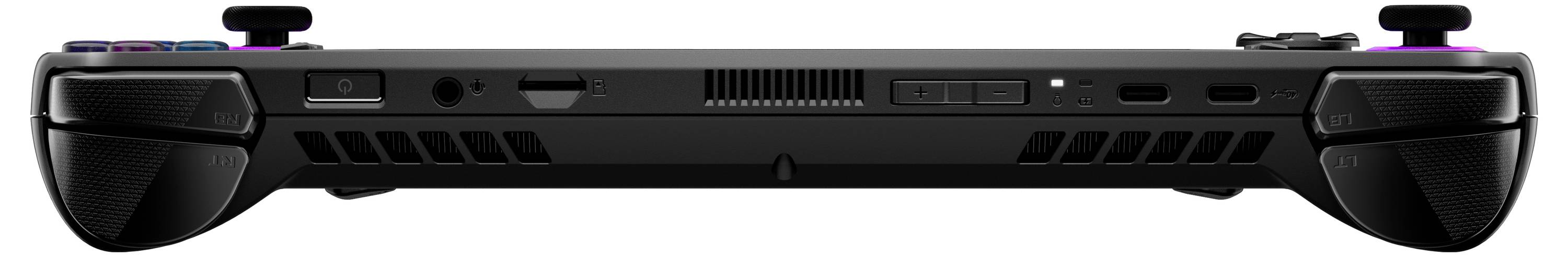 Tragbares Spielgerät, von der Kante gesehen, mit verschiedenen Anschlüssen und Bedienelementen, darunter ein USB-C-Anschluss, Lautstärkeregler und Lüftungsschlitze.