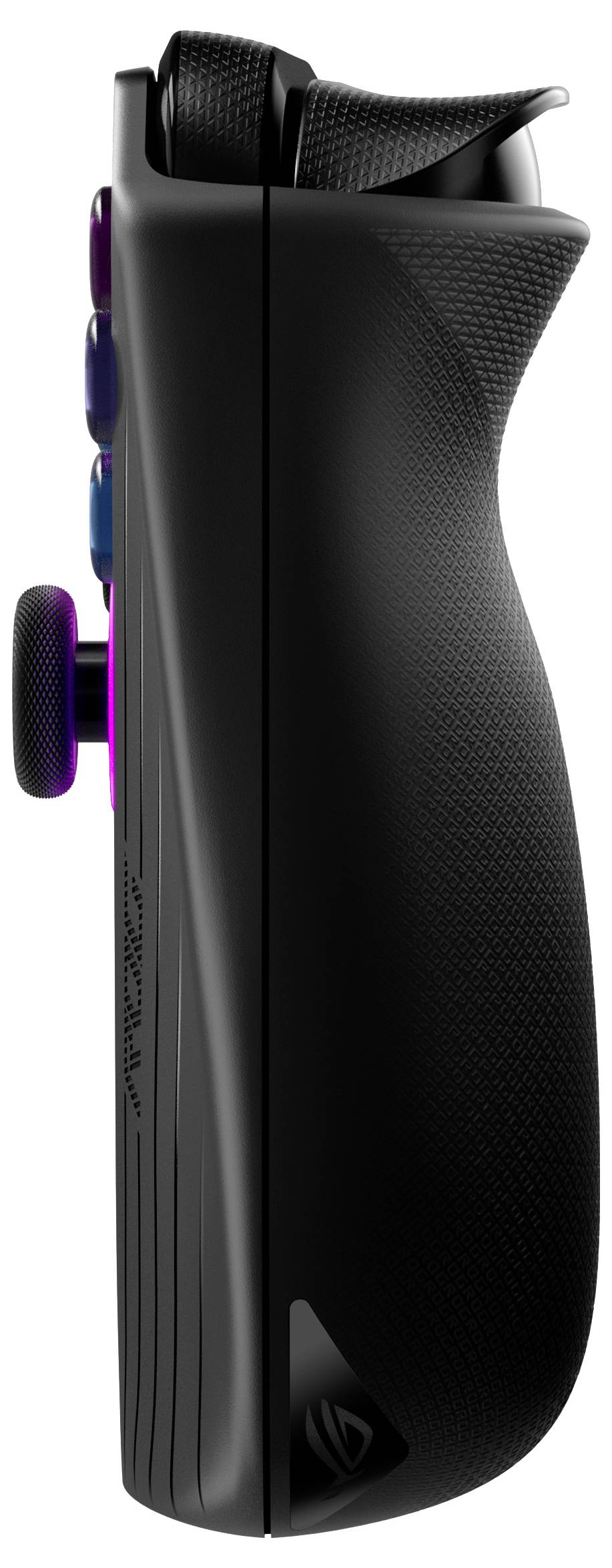 Seitenansicht eines schwarzen Gaming-Controllers mit lila Tasten und ergonomischem Griff.