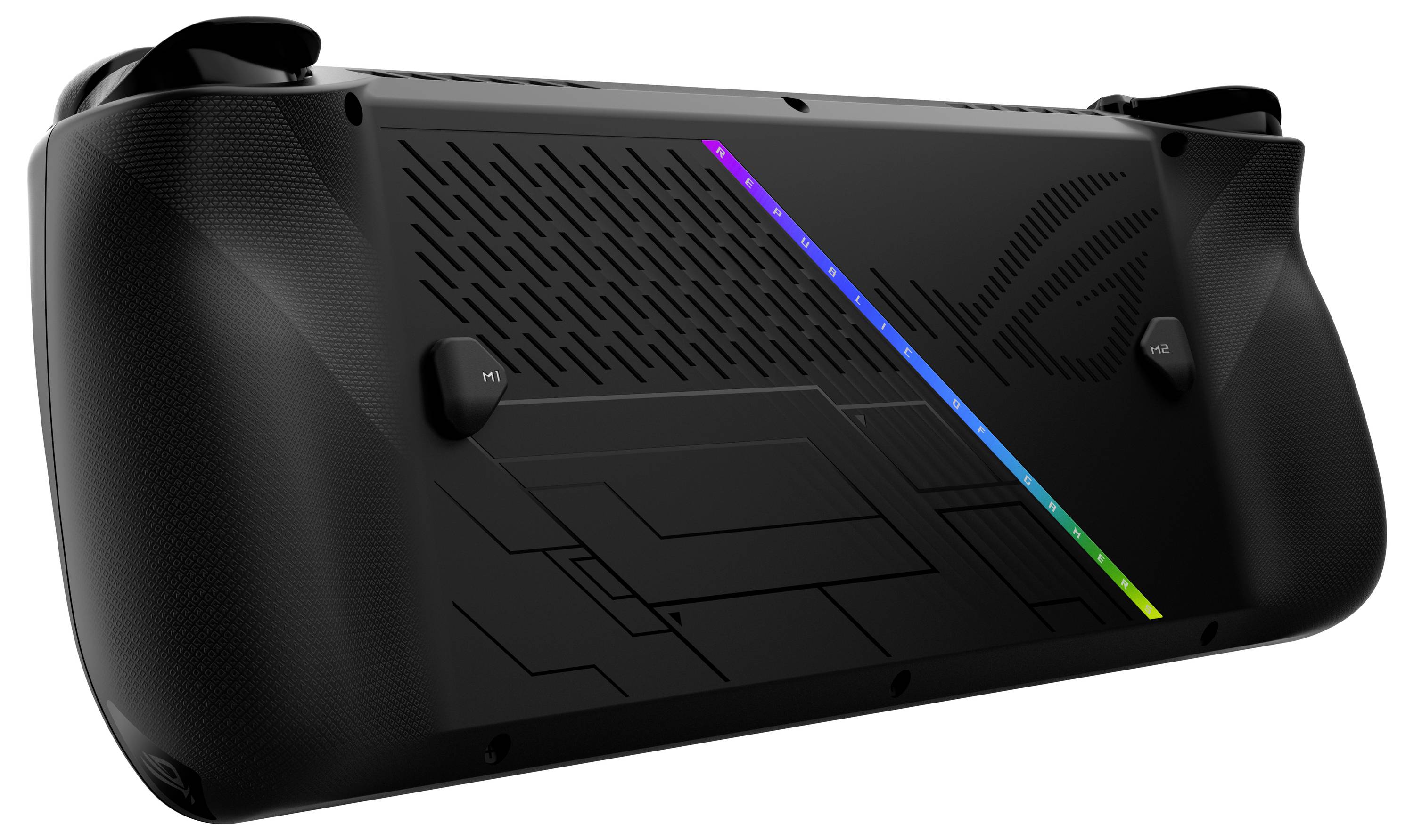 Das Bild zeigt die Rückseite einer Handheld-Spielkonsole mit futuristischem Design, ausgestattet mit zwei Schultertasten und einem bunten LED-Streifen.