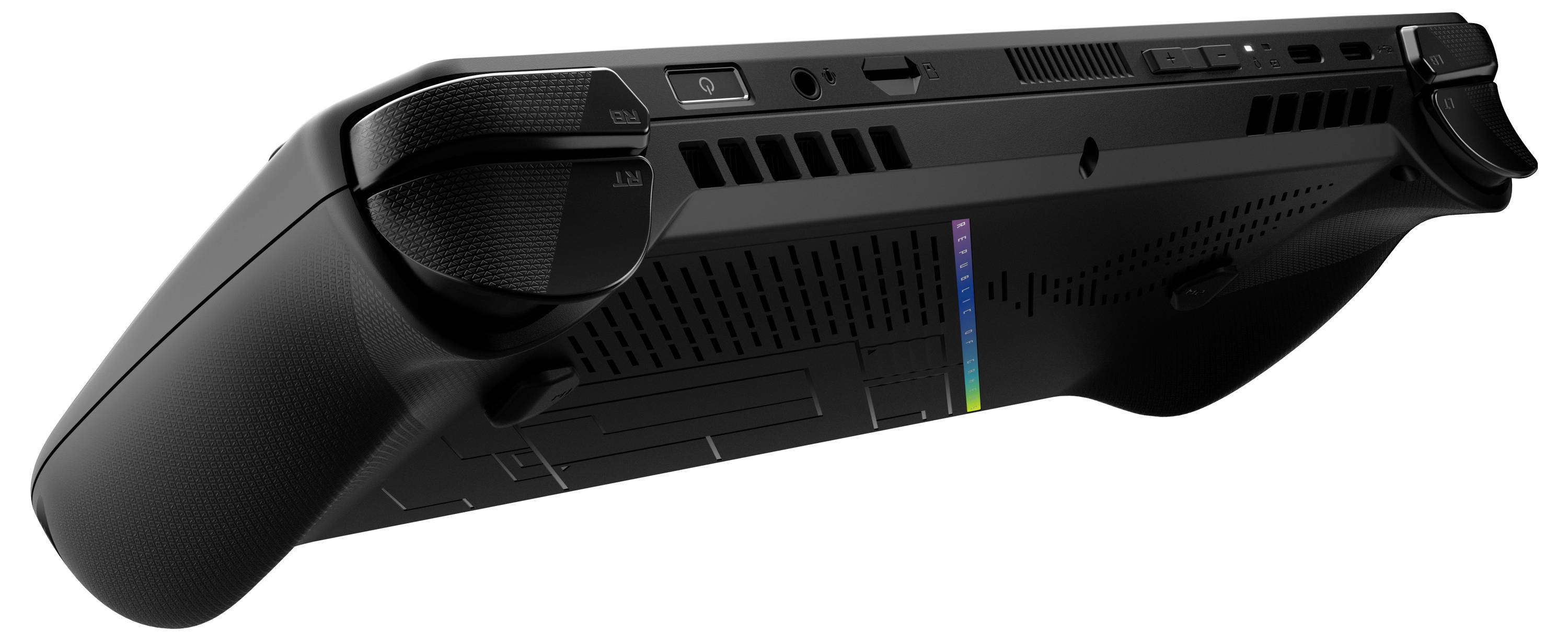 Das Bild zeigt die Rückansicht eines tragbaren Spielkonsolen-Geräts und hebt dabei dessen Lüftungsschlitze, Anschlüsse und ergonomisches Design hervor.