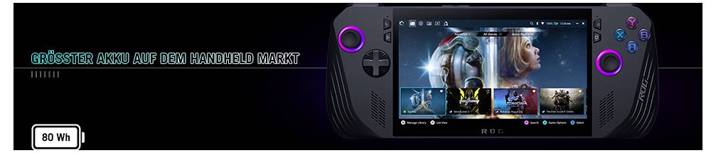 Ein tragbarer Spielecomputer mit einem Bildschirm, der ein weltraumthematisches Spielemenü zeigt. Text lautet: 'GRÖSSTER AKKU AUF DEM HANDHELD MARKT'