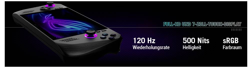 Ein tragbares Spielgerät wird mit folgenden Spezifikationen angezeigt: '120 Hz Wiederholungsrate, 500 Nits Helligkeit, sRGB Farbraum'.
