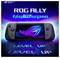 Tragbarer Gaming-Konsole mit Display, auf dem ein leuchtendes Logo zu sehen ist, umgeben von dem Text 'ROG ALLY' und '#spieleALLYdeinemSpiele'.