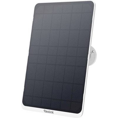 Ein schwarzes rechteckiges Solarpanel mit weißem Rahmen, das an einer Schwenkhalterung montiert ist und unten mit der Markenbezeichnung 'Reolink' versehen ist.