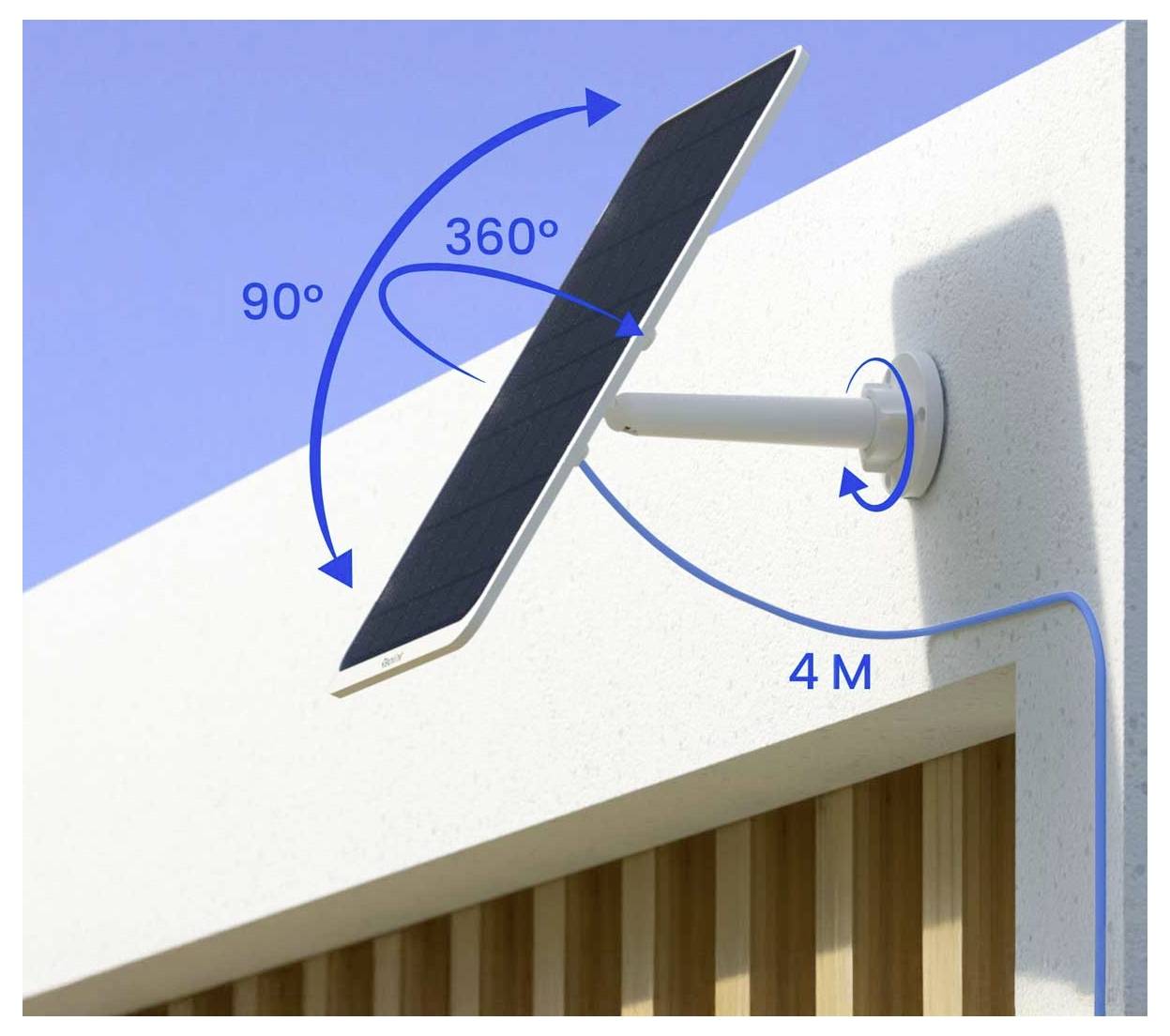 Ein Solarpanel, das an einer Wand mit einem verstellbaren Arm montiert ist, mit 90°- und 360°-Rotationswinkeln und einem 4-Meter-Kabel.