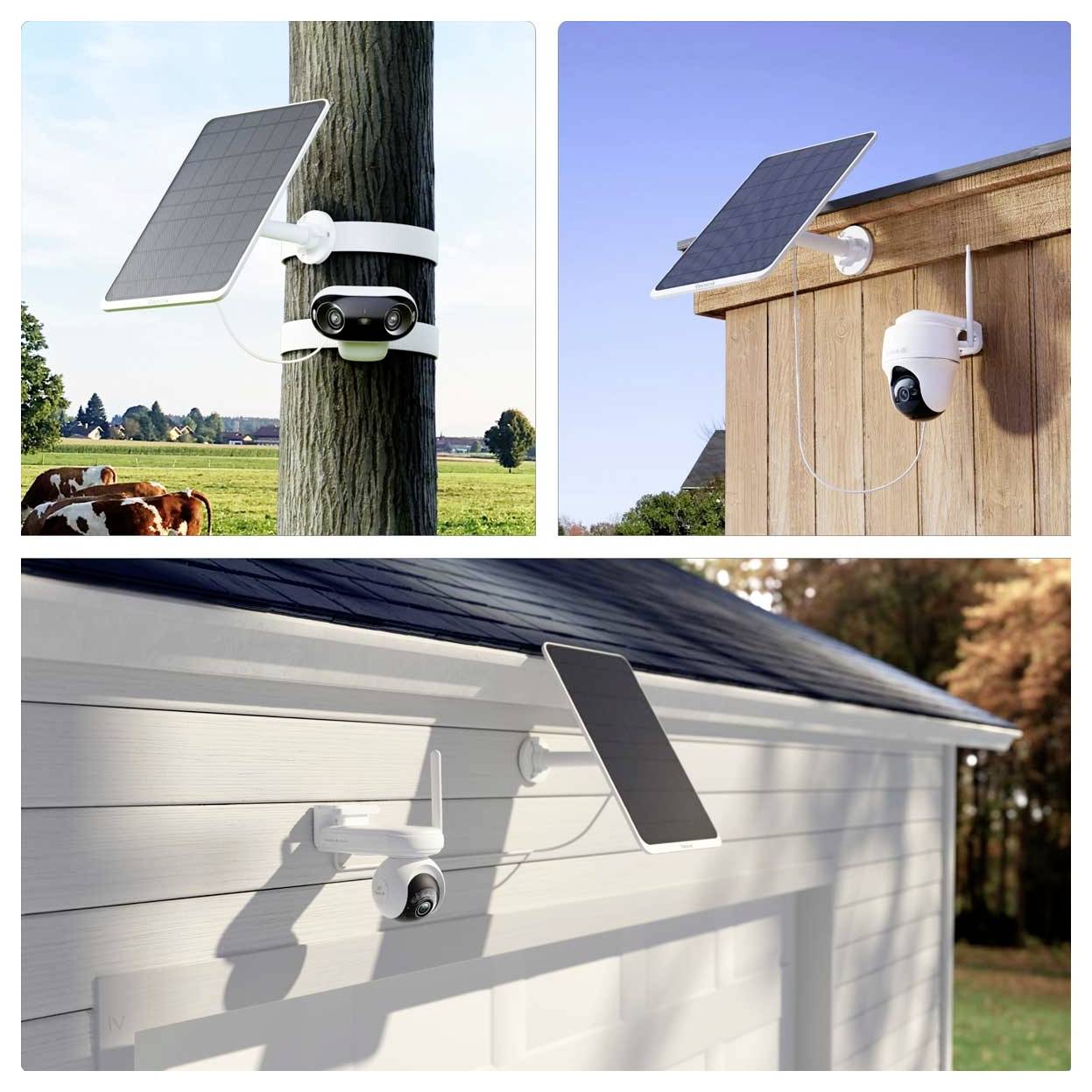 Bild zeigt drei Aufstellungen einer solarbetriebenen Sicherheitskamera: montiert an einem Pfahl mit Kühen in der Nähe, an einem Holzzaun und an einer Hauswand.