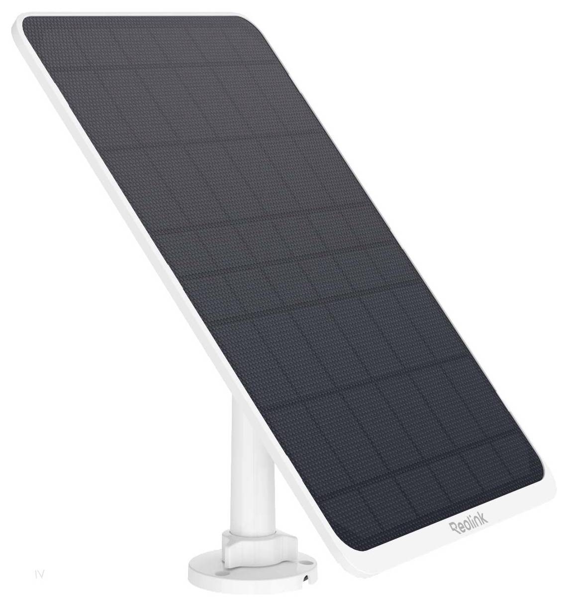 Ein schwarzes rechteckiges Solarpanel, montiert auf einem weißen verstellbaren Ständer, leicht geneigt.