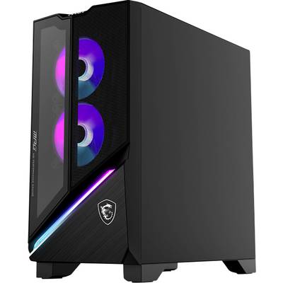 Ein schlanker schwarzer Gaming-PC-Tower mit zwei sichtbaren RGB-Lüftern und einem leuchtenden Frontpanel mit einem beleuchteten Logo.