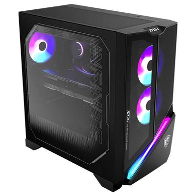 Ein schwarzer MSI Gaming-Computertower mit RGB-Beleuchtung im Inneren, mit dem Markennamen "INFINITE". Zwei beleuchtete Lüfter sind sichtbar.