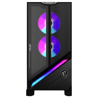 Ein schwarzes Computergehäuse mit zwei RGB-beleuchteten Kühlventilatoren, die durch ein Lochgitter sichtbar sind, mit 'MSI' Branding und einem stilisierten Logo.
