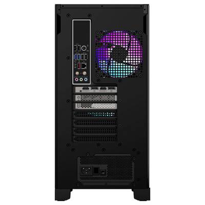 Die Rückansicht eines schwarzen PC-Gehäuses zeigt mehrere Anschlüsse, darunter USB- und Audioausgänge, mit einem leuchtenden Lüfter, der bunte Lichter abstrahlt.