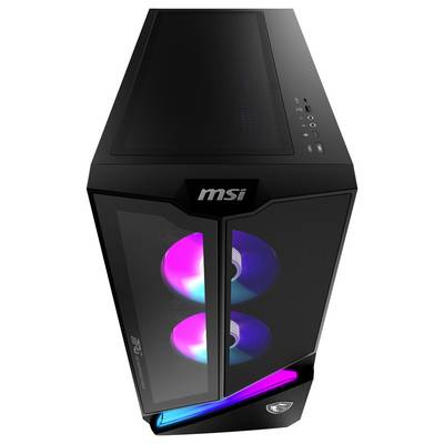 Ein schwarzer MSI Gaming-Computertower mit RGB-Beleuchtung, bei dem zwei beleuchtete Lüfter durch ein transparentes Seitenfenster sichtbar sind.