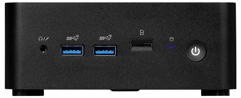 Das Bild zeigt die Frontplatte eines schwarzen Computer-Hubs mit zwei USB-3.0-Anschlüssen, einem Speicherkarten-Einschub, einem Audioeingang und einem Einschaltknopf.