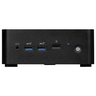 Das Bild zeigt die Frontplatte eines schwarzen Computer-Hubs mit zwei USB-3.0-Anschlüssen, einem Speicherkarten-Einschub, einem Audioeingang und einem Einschaltknopf.