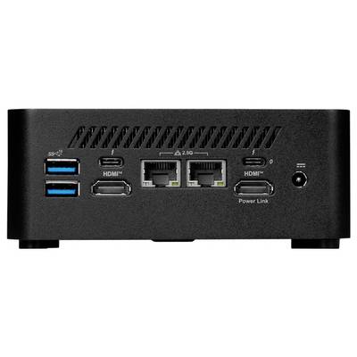 Die Rückseite eines kompakten schwarzen elektronischen Geräts mit Anschlüssen einschließlich USB, HDMI, Ethernet und Stromversorgung, möglicherweise ein Mini-PC oder Media-Hub.
