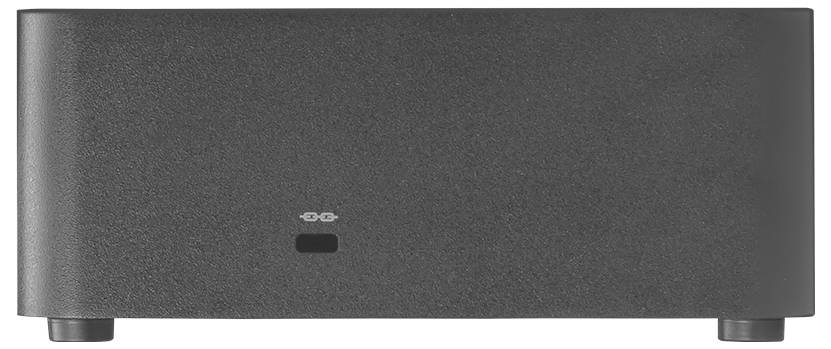 Ein schlankes schwarzes elektronisches Gerät mit glatter, matter Oberfläche und minimalistischem Design, das dezente Anzeigelichter auf der Frontplatte aufweist.