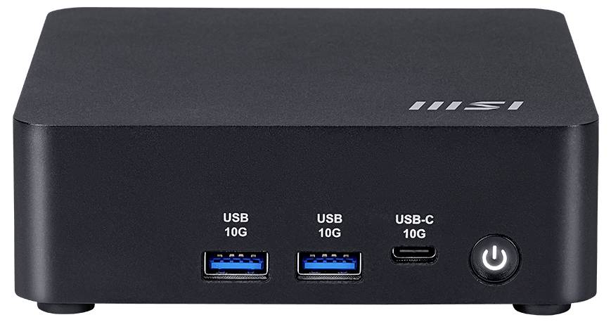 Eine schwarze MSI-Dockingstation mit zwei USB-10G-Anschlüssen, einem USB-C-10G-Anschluss und einer Einschalttaste auf dem Frontpanel.