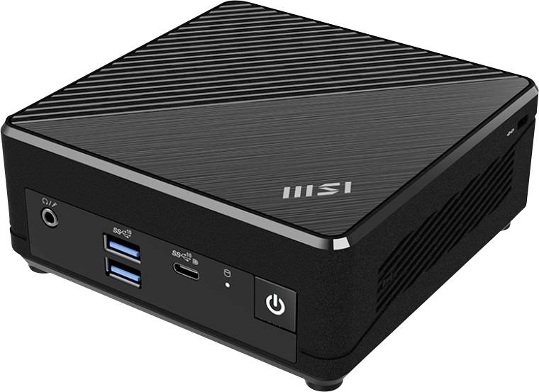 Ein kompaktes, schwarzes Mini-PC mit USB-Anschlüssen und einem Powerknopf an der Frontseite, auf dessen Oberseite das MSI-Logo zu sehen ist.