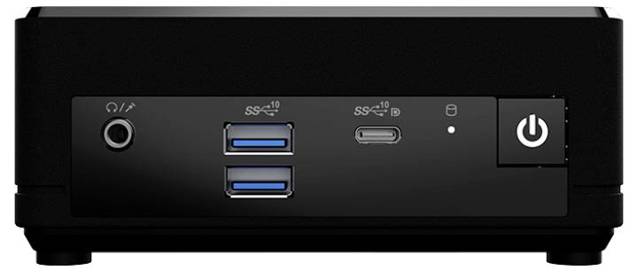 Ein kompaktes schwarzes Computergerät mit mehreren Anschlüssen, darunter USB und USB-C, sowie einem Einschaltknopf auf der Frontplatte.