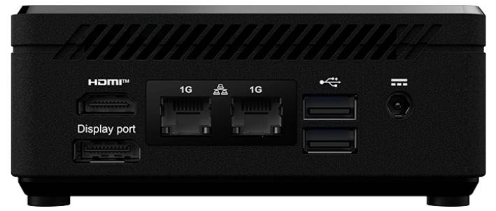 Ein kompakter Computer-Rückseite mit Anschlüssen: zwei HDMI-Ports, ein DisplayPort, zwei Ethernet-Anschlüsse, zwei USB-Anschlüsse, eine Audioschnittstelle und einen Stromanschluss.