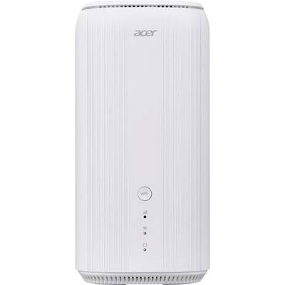 Ein weißer Acer-Router mit vertikalen Linien, ausgestattet mit einer WPS-Taste und Indikatorleuchten für Stromversorgung und Konnektivität.