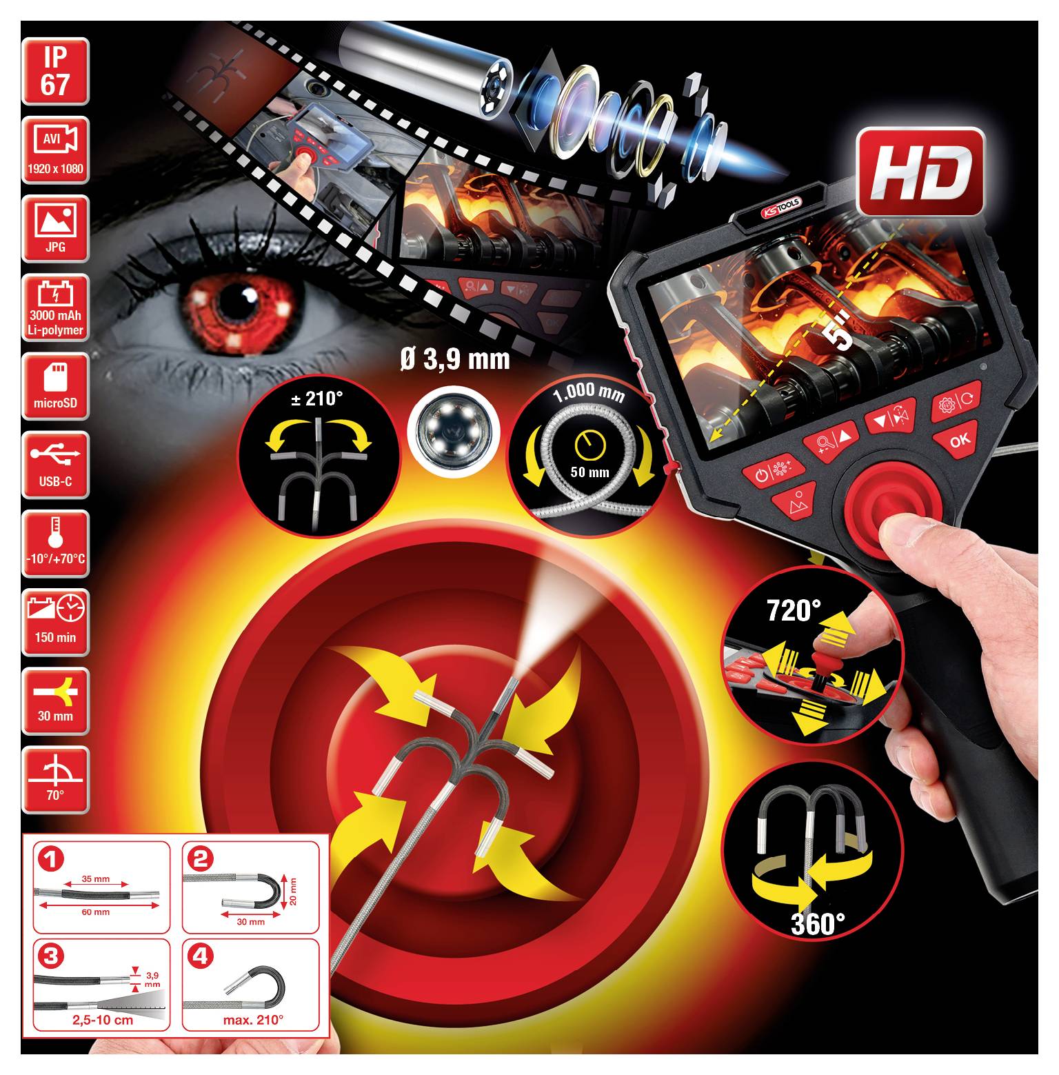 Eine Hand hält eine rote und schwarze HD-Inspektionskamera und hebt Funktionen wie 360-Grad-Rotation, 210-Grad-Winkel und 9,3-mm-Objektiv hervor.