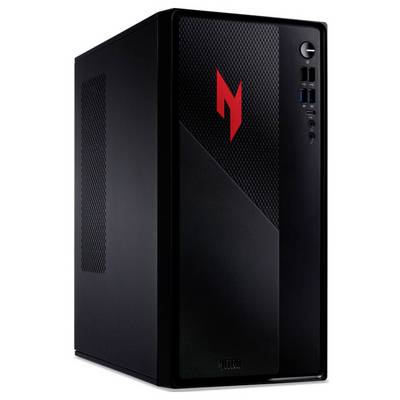 Schwarzer Desktop-Computerturm mit strukturierter Frontblende, ausgestattet mit einem roten 'M' Logo. Die Vorderseite verfügt über USB-Anschlüsse und einen Einschaltknopf.