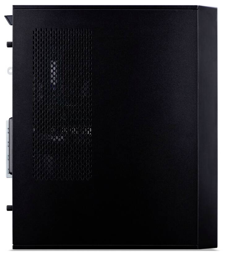 Ein schwarzes Computergehäuse mit einem seitlichen Lüftungspanel, das ein minimalistisches Design präsentiert, das sich für Desktop-Computerkonfigurationen eignet.