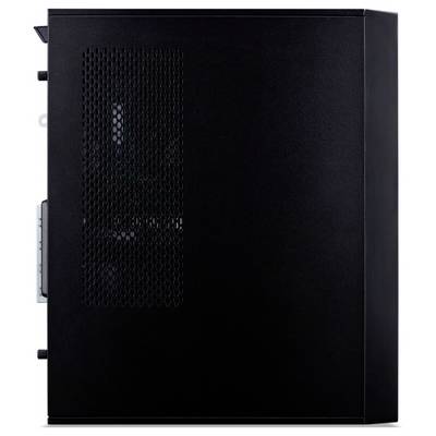 Ein schwarzes Computergehäuse mit einem seitlichen Lüftungspanel, das ein minimalistisches Design präsentiert, das sich für Desktop-Computerkonfigurationen eignet.