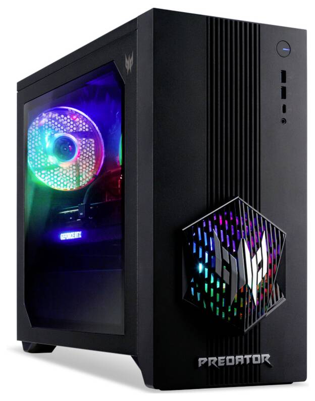 Ein schwarzer Gaming-Desktop-Tower mit LED-Beleuchtung, ausgestattet mit einem seitlichen Fenster, das die internen Komponenten offenlegt, und einem Frontlogo mit der Aufschrift „PREDATOR".