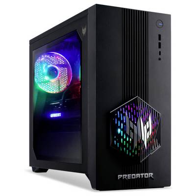 Ein schwarzer Gaming-Desktop-Tower mit LED-Beleuchtung, ausgestattet mit einem seitlichen Fenster, das die internen Komponenten offenlegt, und einem Frontlogo mit der Aufschrift „PREDATOR".