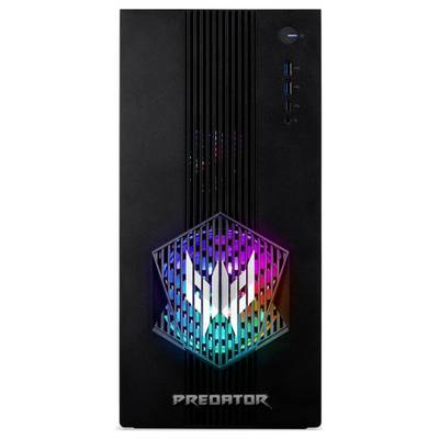 Tower-Gaming-Computer mit einem schwarzen Gehäuse, ausgestattet mit LED-RGB-Beleuchtung und dem auf dem Frontpanel beleuchteten Schriftzug 'Predator'.