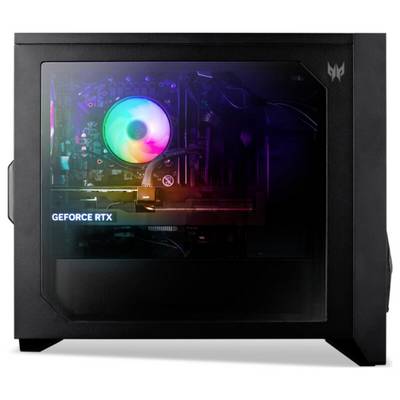 Ein Gaming-PC-Gehäuse mit sichtbaren Innenkomponenten, einschließlich eines leuchtenden Lüfters und einer "GEFORCE RTX" Grafikkarte in einem transparenten Gehäusepanel.