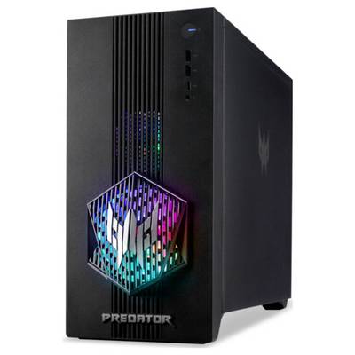 Ein schlanker, schwarzer Gaming-Desktop-Tower mit RGB-Beleuchtung und einem futuristischen Logo. Das Wort ‚Predator' ist auf der Vorderseite eingraviert.