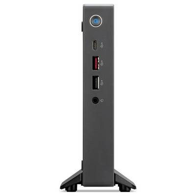 Ein schlanker, aufrechter Computertower mit Einschaltknopf, USB-Anschlüssen und Kopfhörerbuchse, die auf dem Frontpanel sichtbar sind.