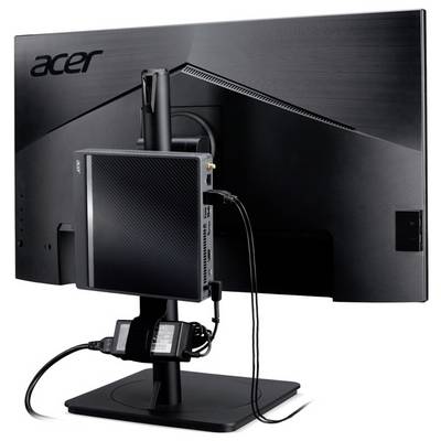 Ein schwarzer Acer-Monitor von hinten gesehen, mit einem Mini-PC, der auf dem Ständer montiert ist, wobei Kabel am Mini-PC angeschlossen sind.