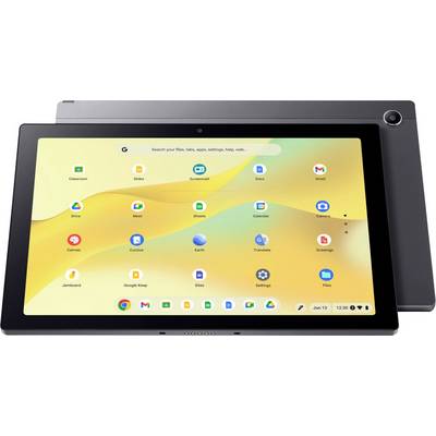 Ein Tablet mit einem bunten Startbildschirm, auf dem verschiedene App-Symbole wie Classroom, Docs und Gmail zu sehen sind. Der Hintergrund zeigt ein wellenförmiges Design.