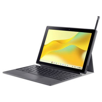 Ein Tablet mit abnehmbarer Tastatur und Stylus-Stift, der einen farbenfrohen Bildschirm zeigt, ist auf einem Ständer für die Nutzung bereitgestellt.