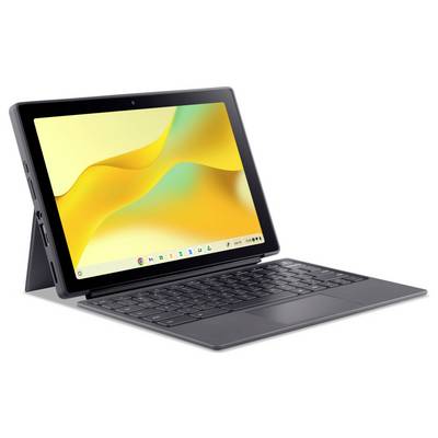Ein Tablet mit angeschlossenem Keyboard, das einen leuchtend gelb-orangefarbenen Bildschirm zeigt. Das Gerät ist in einem Winkel positioniert, um seinen Ständer und sein schlankes Design zu präsentieren.