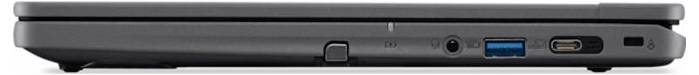 Seitenansicht eines geschlossenen Laptops, der einen USB-Anschluss, einen Ladeanschluss und Lüftungsschlitze zeigt. Der Laptop wirkt schlank und modern.