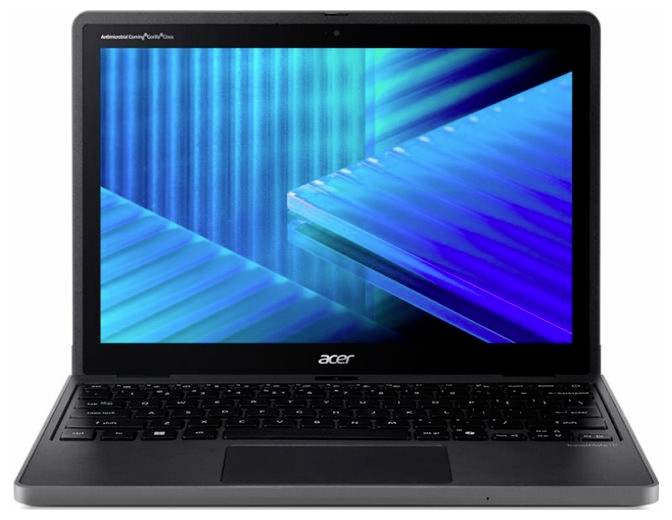 Ein schwarzer Acer-Laptop mit einem lebhaften Display in Blau und Grün, das abstrakte geometrische Muster zeigt.