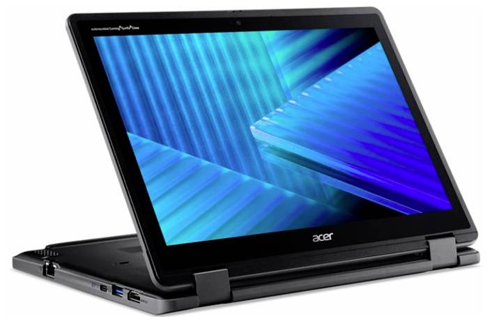 Acer Convertible-Laptop im Zeltmodus mit einem blauen abstrakten geometrischen Design auf dem Bildschirm.