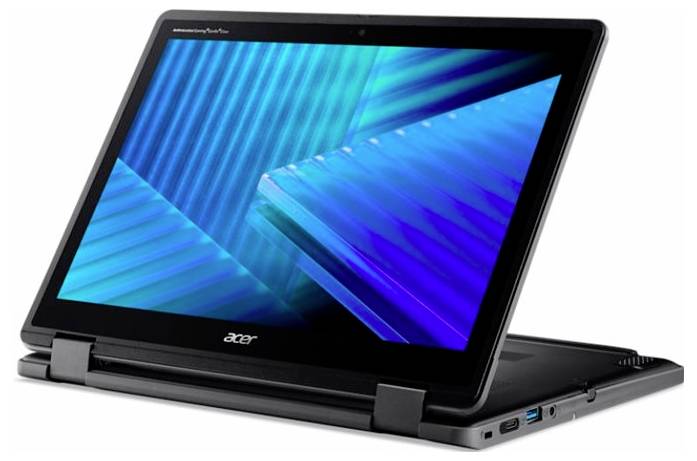 Ein 2-in-1 Acer-Laptop im Zeltmodus mit einem blauen geometrischen Muster auf dem Bildschirm, der seine vielseitige Designeignung für Präsentationen demonstriert.
