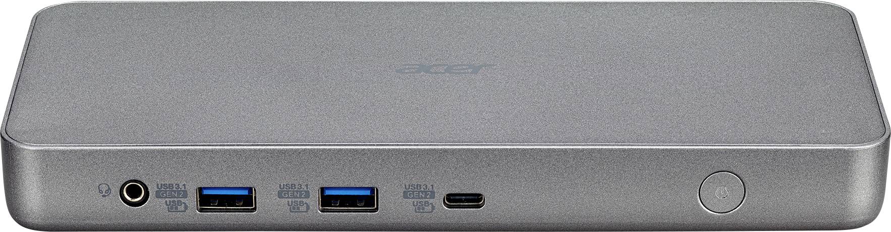 Eine graue Acer Docking-Station mit zwei USB-3.0-Anschlüssen, einem USB-C-Anschluss, Kopfhörerbuchse und Einschaltknopf auf der Vorderseite.