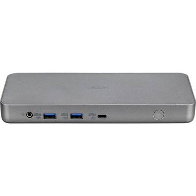 Eine graue Acer Docking-Station mit zwei USB-3.0-Anschlüssen, einem USB-C-Anschluss, Kopfhörerbuchse und Einschaltknopf auf der Vorderseite.